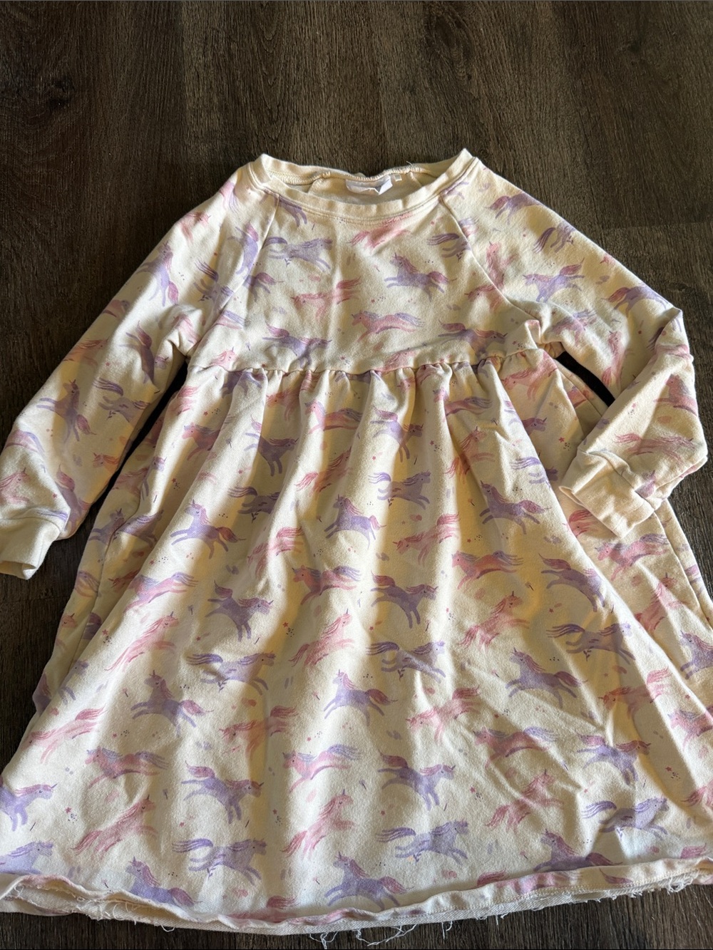 Angel dear Girls' Cream Unicorn Print Long Sleeve Casual Dress - Pink & Purple